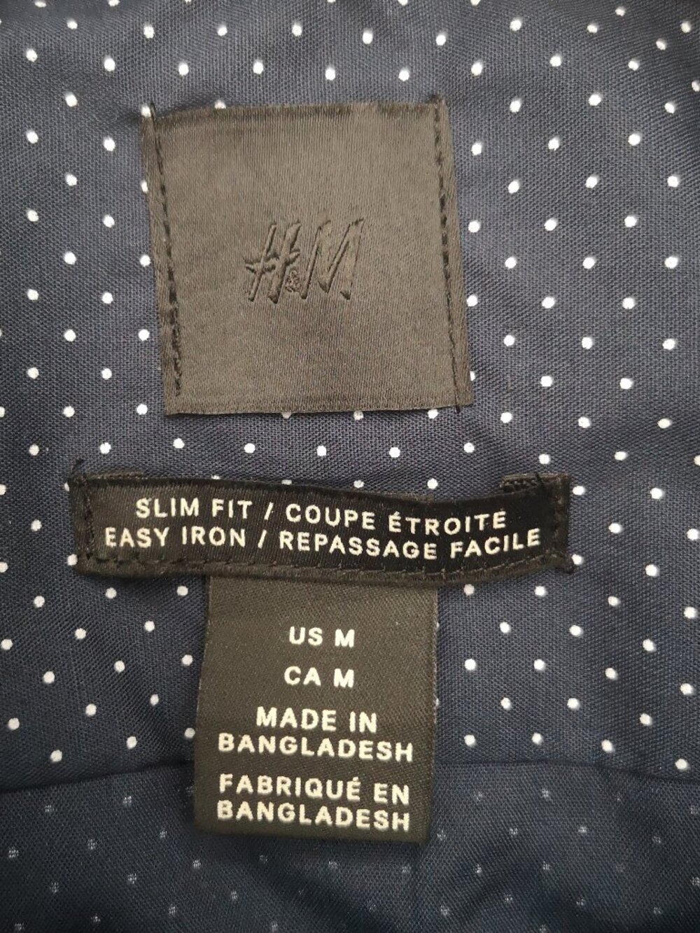 H&M Men's Size Medium Navy w/ White Polka Dots Slim Fit Easy Iron Dress Shirt - Picture 3 of 10